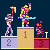 Pixel art of three figures on a podium with numbers 1, 2, and 3; the central figure holds a sword while another wields an axe.