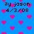 Blue background with pink pixelated hearts and repeated text 'ily jason 4/3/08' in black, showing slight variations between frames.
