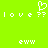 Pixelated green background with white text and symbols: 'love ??' repeated twice, a heart symbol above the first 'love', and 'eww' below each 'love'.