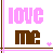 A 49x49 pixel animated contact sheet showing two frames of a buddy icon with pink and brown text reading "love me" and small heart symbols changing size between frames.