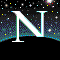 Animated sequence of white capital Ns on black horizontal bands against a starry space background with shooting stars and galaxies.
