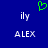 Blue background with white text 'ily' above 'ALEX', and a green pixelated heart symbol at the top center.