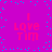 A static image with a bright magenta background and scattered cyan dots, featuring four identical text-based icons arranged in a