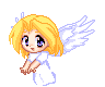 Pixelated angel avatar with blonde hair and white wings in six sequential poses showing wing and arm movements against gray background.