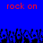 Blue background with red text 'rock on' repeated twice above a of black pixelated hands raised in the air