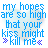 Pixelated blue text on light blue cloud-shaped background with heart symbol, reading 'my hopes are so high that your kiss might kill me' and 'so wont you kill me so i can die happy <33' with purple asterisks.