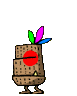 A cartoon character with a brown segmented body, red circular face, and colorful feather headdress appears in multiple poses with text below some frames.