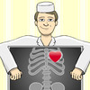 Static cartoon icon of a doctor holding an X-ray with a red heart symbol over the chest area, set against a yellow striped background.