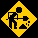 Four yellow diamond-shaped icons with black silhouettes of a figure holding a shovel, each showing different pixelated positions of the figure and shovel.