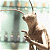 A pixelated figure in brown tones stands beside a tall, dark structure with horizontal lines, set against a light background with faint grid patterns.