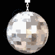 nine silver disco balls with reflective mirrored surfaces, each suspended by a metallic chain against a black background