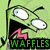 Pixelated green cartoon character with large white eyes, black triangular mouth, pink tongue, and green text reading 'WAFFLES' below.