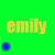 Four quadrants display 'emily' text in different colors and backgrounds with scattered circular pixels.