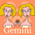 Animated contact sheet of Gemini zodiac icon featuring cartoon twin figures with yellow hair and blue eyes on an orange background, each frame showing slight variations in pose and facial expression.