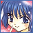 Pixelated anime-style character with blue hair and closed eyes, wearing red clothing, next to black background with white text.