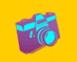 Animated sequence showing three purple-blue cameras on yellow background, then a starburst effect over one camera, followed by dog photos in white borders.