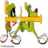 Pixelated green cartoon character with yellow trumpet-like horns, red accents on limbs, and white circular shapes near feet.