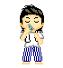 Pixel art character in white shirt and blue striped pants holding a blue object, with multiple expressions and text elements including Japanese characters and lemon graphics.