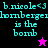 Pixelated text displays 'b.nicole<3 lomberger is the bomb' with a star symbol, alternating between black and purple backgrounds.