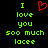 Green pixelated text on black background reads "I love you soo much locee" with a red heart symbol above the text.