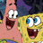 Pixelated cartoon characters Spongebob Squarepants and Patrick Star smile side-by-side on a dark teal background with text overlays.