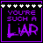 A contact sheet of 13 animated frames showing a pixel art icon with purple text "YOU'RE SUCH A LIAR" on black background, bordered by white and purple hearts.
