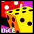 Yellow die with black dots, red polka-dot background, purple accents, and 'DICE' text in white and purple.