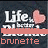 Pixelated icon with white text 'Life' and pink heart symbol above a peach-colored bar, below which is lowercase 'brunette' in matching color.
