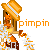 Pixelated character with orange hair and hat holding a flame-like object, next to the word 'pimpin' in matching pixel font.