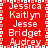 Red background with white pixelated text listing names in vertical , bordered by a repeating pattern of small squares