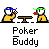 Pixel art animation of two cartoon figures at a table, one with blue headband holding red object, the other with green headband holding brown object, repeating in sequence.