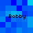 Four identical pixelated text labels reading 'Bobby' arranged in a on a blue pixelated background with varying shades of blue squares