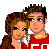 Pixel art contact sheet showing multiple frames of an animated buddy icon featuring a cartoon couple in red jerseys and patterned skirts, with text overlays reading "Him and Me" and "Me and Him" on red backgrounds.