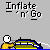 Animated sequence showing a yellow cartoon character inflating a blue and yellow striped balloon with a white nozzle, then releasing it as blue particles scatter.