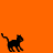 Black cat silhouette walks left to right across orange background, with one frame showing the cat standing on a gray platform edge.