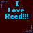 Blue pixelated text "I Love Reed!!!" on dark red background with blue star and dot patterns, animated in a