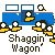 Blue and white van with yellow accents, multiple small figures around it, text 'Shaggin' Wagon' below on gray background.