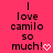 A static image with a bright pink background displays repeated text "I love camilo so much!" followed by a white pixelated heart symbol.