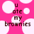 Pink background with white circles and brown text reading 'u ate my brownies' in pixelated font.