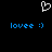 Pixelated white heart symbol above two identical blue text strings reading 'lovee :)' on a black background.