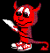 Red devil character with horns, tail, and white sneakers holds a knife; eyes shift from black to purple while head turns right.