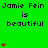 Green background displays "Jamie Fein is beautiful" text with red heart animations in three vertical