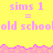 Yellow background with pink text and wave pattern; repeated 'sims 1' and 'old school' text across two with a gray rectangle on the right