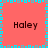 A static image with a coral background, four instances of the text 'Haley' in dark brown, and a border of alternating light blue and gray squares.