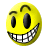 Two side-by-side animated frames of a yellow smiley face icon with black eyes, arched eyebrows, and a wide toothy grin showing white teeth on a gray background.