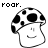 A mushroom-shaped character with a smiling face and black spots on its cap, displayed in showing text color changes from black to red