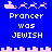 Blue background with pink pixelated icons and white text reading "Prancer was JEWISH" in two , displayed as a static image