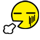 Yellow circular face with black outline, flat horizontal eyes, and vertical tear-like lines on right cheek; white cloud-shaped puff moves left to right across gray background.