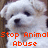 Pixelated close-up of a white dog's face with dark eyes and nose, overlaid with red pixelated text reading 'Stop Animal Abuse'.
