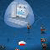 A pixelated blue background with a large light blue circular shape and smaller colored elements scattered below it.